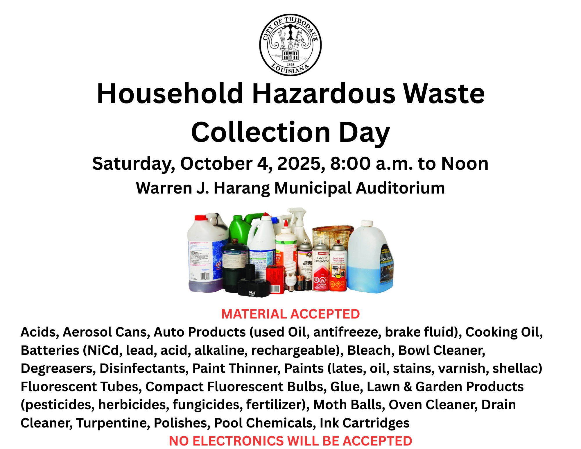 City of Thibodaux - Upcoming Household Hazardous Waste Collection Day City of Thibodaux - Upcoming Household Hazardous Waste Collection Day